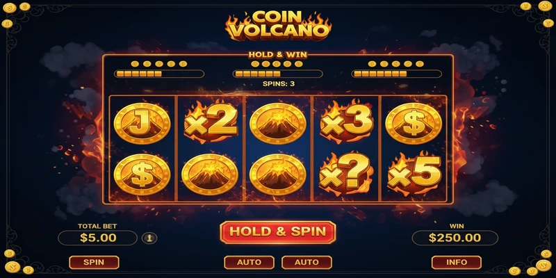 Coin Volcano Spielautomat Interface mit 3x3 Walzen und Hold & Win Feature